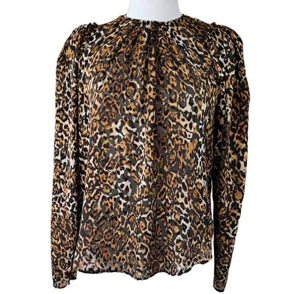 RONNY KOBO Chiara Leopard Burnout Puff Long Sleeve Top Small Black Tan Blouse - Picture 2 of 9